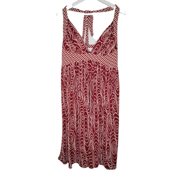 LONDON TIMES Halter Dress Red Abstract Print Retro Sweetheart Neck Women's 14 - Picture 4 of 13